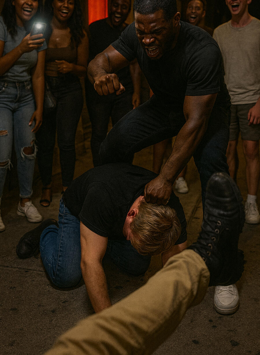 Surrounded straddled and punched This is an AI interpretation of cellphone video footage that was posted on Tic Tok. The reality is obviously worse, because it is a real person surrounded by people not only punching and kicking, but also a crowd of people taunting , laughing, and disso